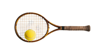 Vintage tennis racket and ball on transparent background 