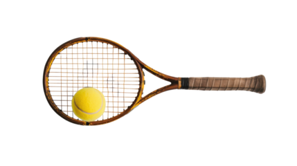 Vintage tennis racket and ball on transparent background 