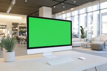 Fototapeta premium Modern Workspace Mockup: A sleek desktop computer with a vibrant green screen sits prominently on a minimalist desk, surrounded by a stylish and modern office interior. 