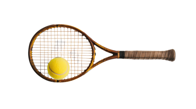 Vintage tennis racket and ball on transparent background 