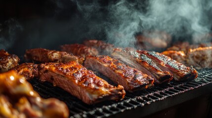 Juicy ribs sizzle and smoke on a charcoal grill as evening light casts a warm glow, enhancing the appetizing scene.