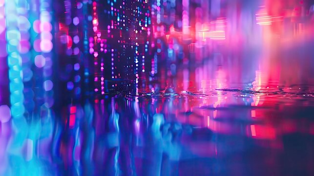 Vibrant digital lights create a mesmerizing abstract background with colorful reflections and patterns in a dynamic display.