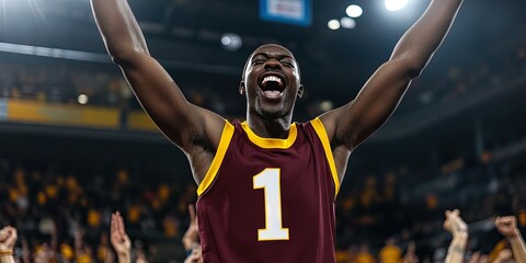 black fan cheering in basketball stadium, blank maroon basketball jersey, yellow trim, white number "1" 