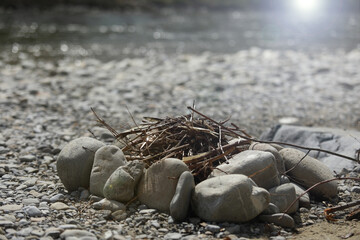 Close-up of branches for a fire, making a fire for cooking