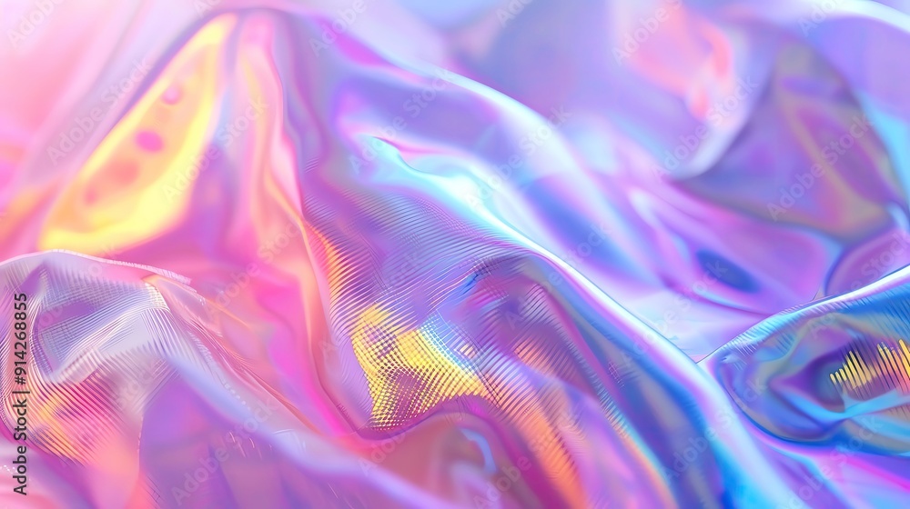 Poster colorful abstract texture of iridescent fabric with waves, creating a dreamy atmosphere with vibrant