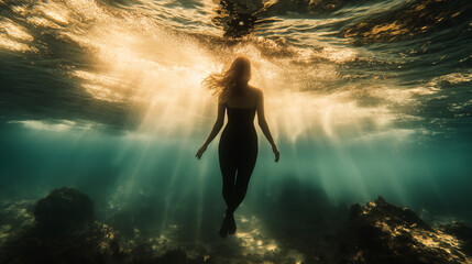 Fototapeta premium A figure swimming in sunlit water, surrounded by shimmering light and rocky underwater formations