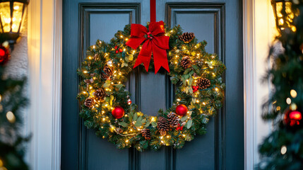 Festively Decorated Green Wreath Adorned With Red Bow and Lights on Front Door