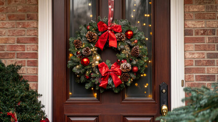Festive Holiday Wreath Adorned With Pinecones and Bows Hanging on Front Door in Winter