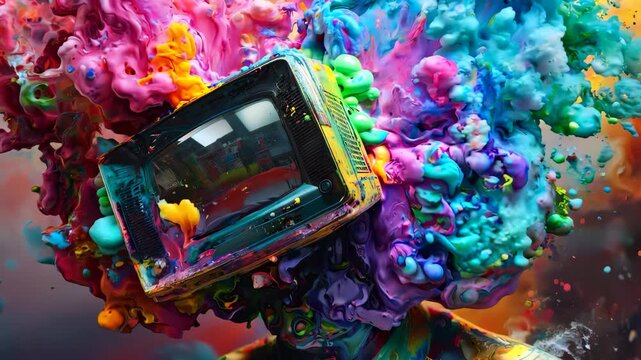 Vintage television surrounded by colorful paint splash, digital art. Creativity and retro technology concept