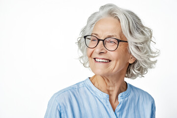 Fototapeta premium Portrait of a happy senior woman with grey hair smiling and looking to the side