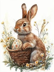 Easter Bunny with Decorated Egg in Basket