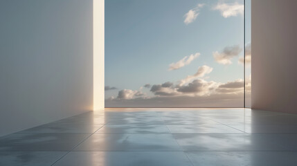 Fototapeta premium AI Image. Modern Minimalistic House Interior Enjoying Sunset