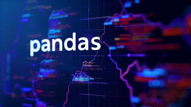 Image shows the word 'pandas' with a background of data visualizations, representing the Pandas data analysis and manipulation tool.