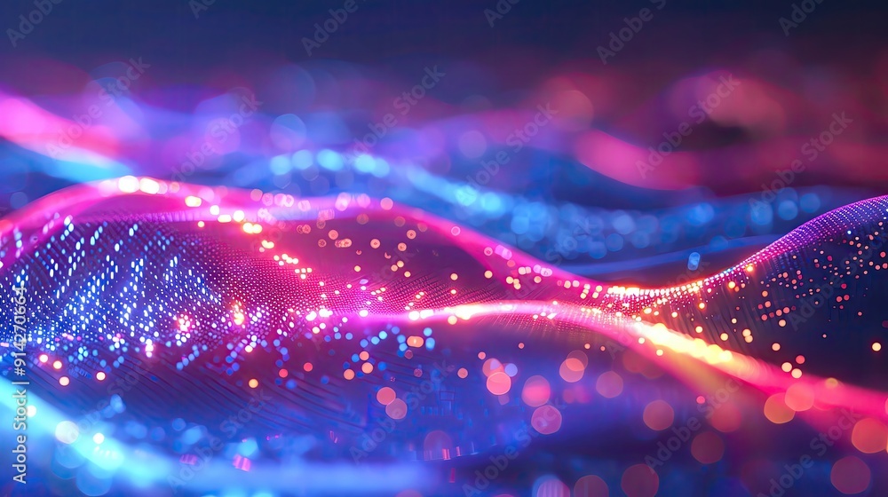 Poster vibrant wave pattern with glowing lights and particles, creating a mesmerizing abstract background i