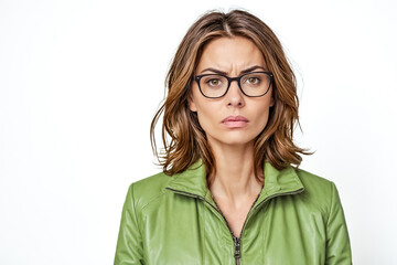 Obraz premium Skeptical Woman in Green Leather Jacket and Glasses