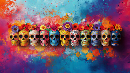 AI Image. Illustration of Day of the Dead with colorful sugar skulls adorned floral patterns