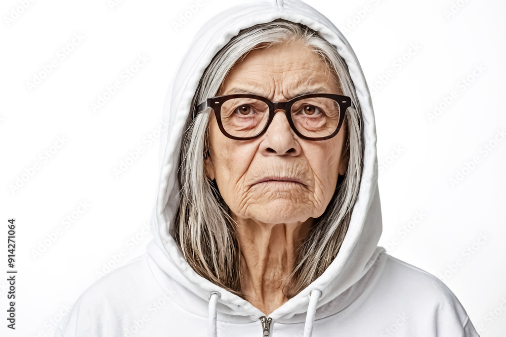 Wall mural Senior Woman in White Hoodie with Serious Expression