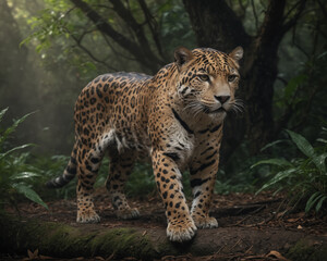 Obraz premium Jaguar Walking in Lush Forest