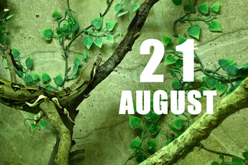 Calendar date on light green background with snake crawling on tree branch. August 21 is the twenty first day of the month