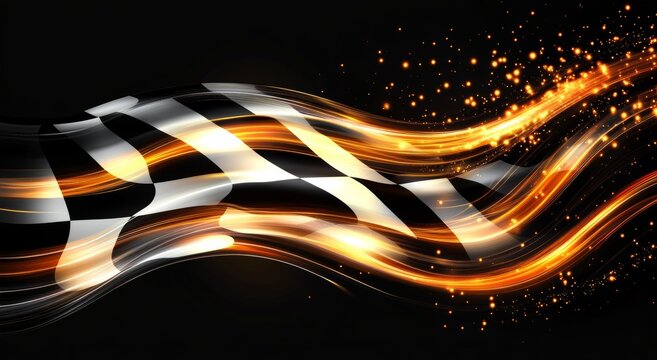 Burning Rubber, Blazing Victory: A checkered flag ripples through a fiery wave of abstract speed and triumph, igniting the thrill of motorsport. 