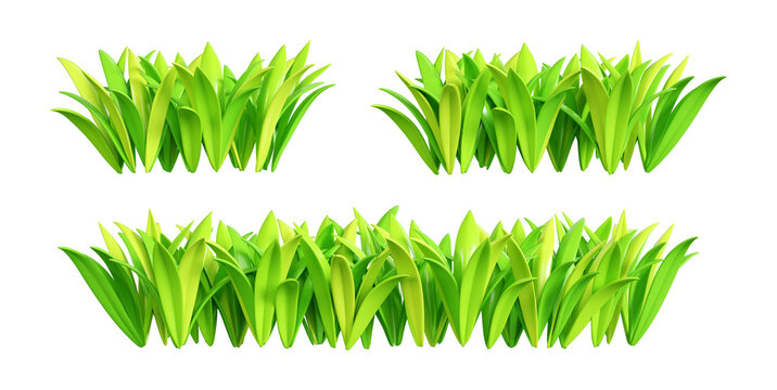 Green grass border 3d render illustration set. Cartoon long tuft of greenery for summer, spring or Easter design. Field and grassland bunch. Frame from vegetation with sprout blade leaf.