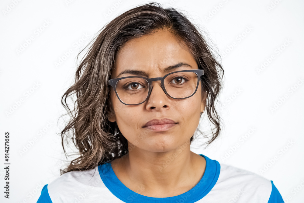 Poster Close-up portrait of a young woman with glasses looking at the camera