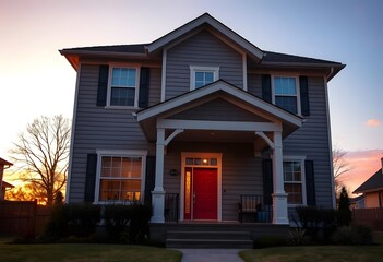 Exterior of a house with front door, white siding, and a covered porch. The house is surrounded by lush green landscaping including trees, shrubs, 