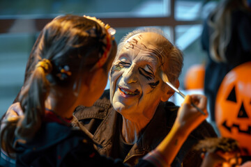 Obraz premium AI Image. Elderly Man Enjoying Face Painting With Young Girl During Halloween Celebrations