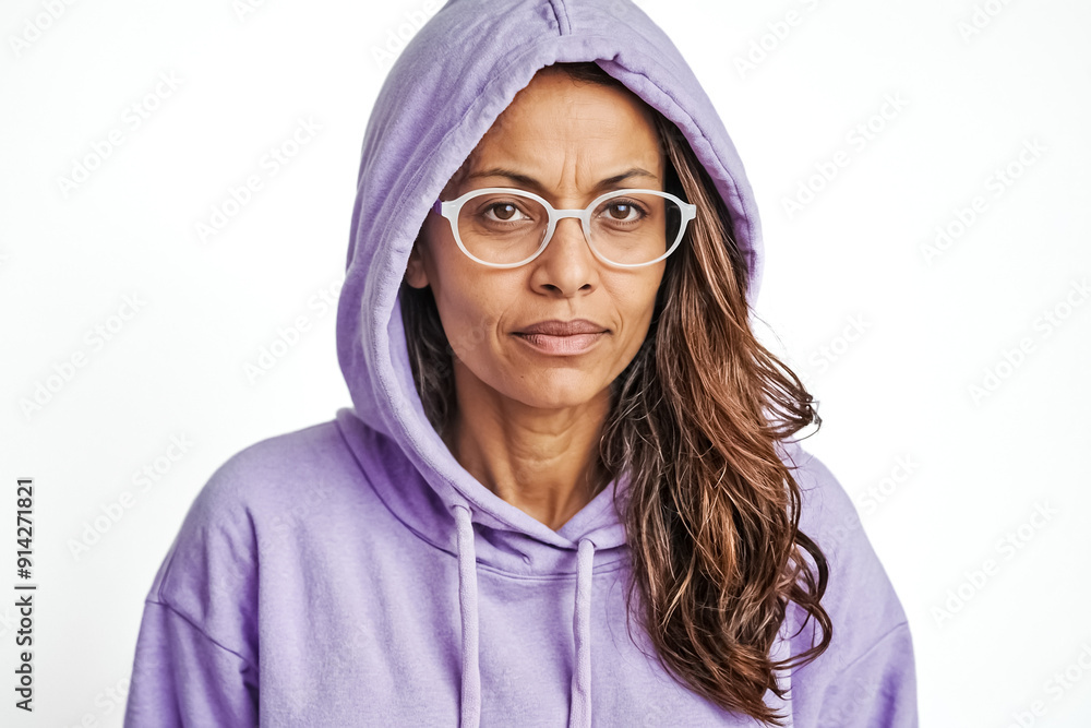 Canvas Prints Woman in purple hoodie and glasses looking directly at the camera