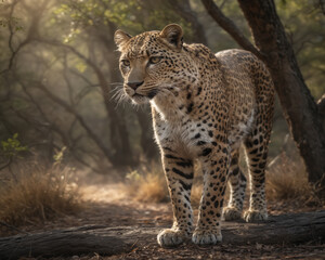 Fototapeta premium Majestic Leopard in Sunlit Forest