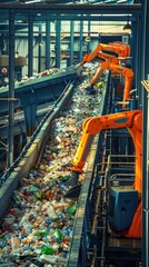 Fototapeta premium Robotic technology efficiently separates plastic materials on a conveyor belt in a recycling center