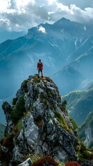 Hiker Standing on a Dramatic Mountain Ridge with Scenic Sky Backdrop