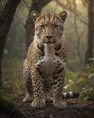Fototapeta premium Majestic Leopard in Misty Forest