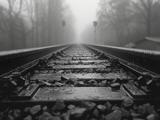 Minimalist blur of train tracks, perspective, geometric shapes.
