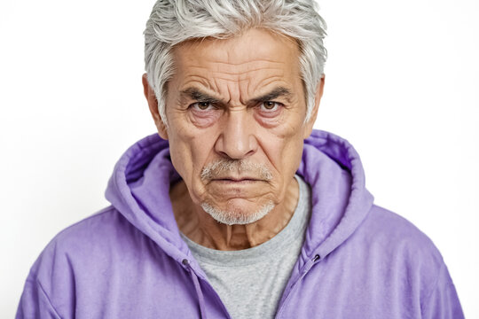Senior Man In Purple Hoodie Looking Angry