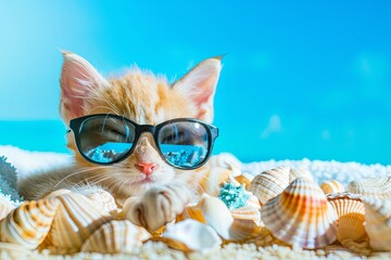 Obraz premium A cat wearing sunglasses is laying on a beach with shells around it