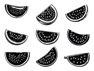 Different Watermelon Silhouette Vector Illustrations, retro style, and Clipart isolated on a white background.