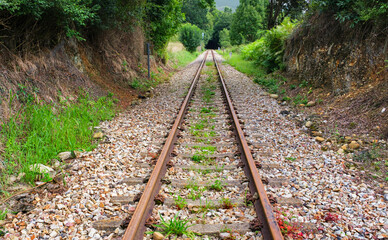 Obraz premium Perspective view of the railroad tracks on a dead and abandoned track.
