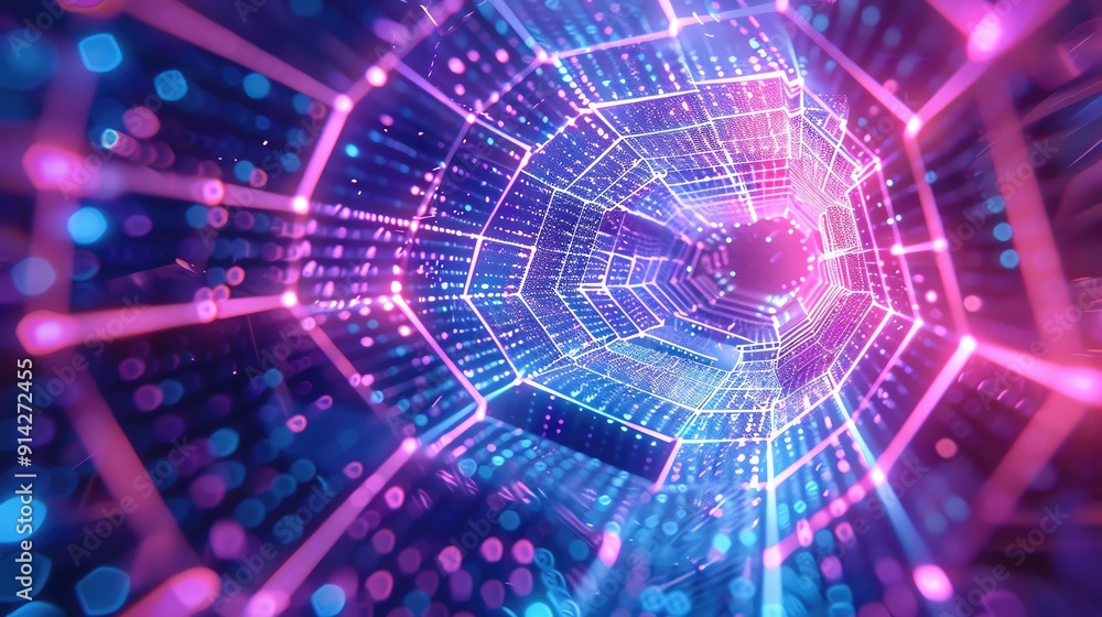 Poster a vibrant digital tunnel filled with glowing particles and intricate patterns, representing technolo