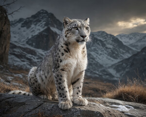Obraz premium Majestic Snow Leopard in Mountainous Landscape