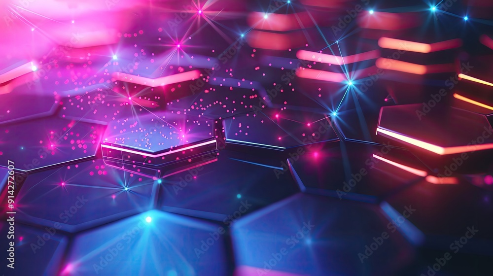 Poster vibrant abstract background of glowing hexagons with bright neon illumination and sparkling particle