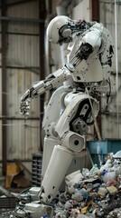 A robotic figure sorts through mixed waste in an industrial recycling center