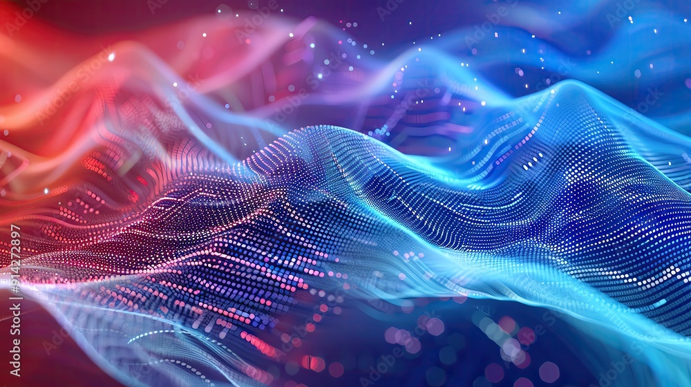 Poster abstract digital waves in blue and red tones, creating a vibrant and dynamic visual experience for m