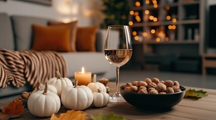 Fototapeta premium A cozy living room adorned with autumn pumpkins, a glowing candle, and a glass of red wine on a wooden table, surrounded by warm, inviting decor