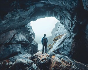 Intrepid Hiker Explores Mysterious Cave in Rugged Wilderness Landscape