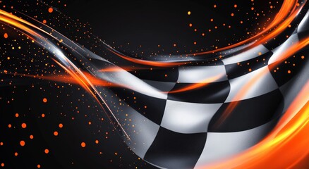 Checkered Flag Finish Line: A dramatic, abstract rendition of a checkered flag, glowing with fiery orange light against a black background, the thrill, victory & excitement of crossing the finish line