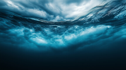 Waves crashing beneath a stormy sky at sea during the early evening