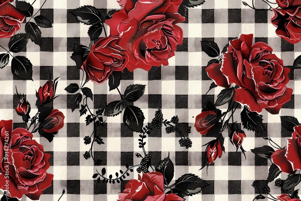 Poster a red and white houndstooth pattern with black roses generative ai