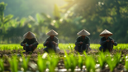 Farmers planting rice seedlings in lush green paddy field at sunrise