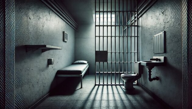 A horizontal image depicting the inside of a prison cell. The cell is small and dimly lit, with cold, grey concrete walls and metal bars on the door. - Powered by Adobe